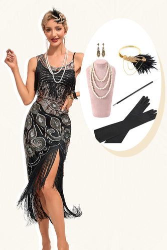 Glitrende svarte paljetter frynser Asymmetrisk Gatsby-kjole fra 1920-tallet med tilbehørssett