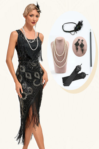 Glitter Black Fringed Sequins 1920 Gatsby kjole med 20s tilbehør