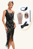 Glitter Black Fringed Sequins 1920 Gatsby kjole med 20s tilbehør