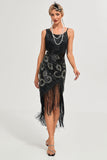 Glitter Black Fringed Sequins 1920 Gatsby kjole med 20s tilbehør