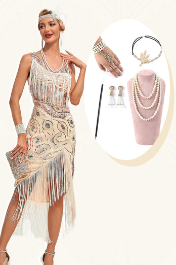 Sparkly Champagne Sequins Fringes Asymmetrisk 1920-tallet Gatsby kjole med tilbehør sett
