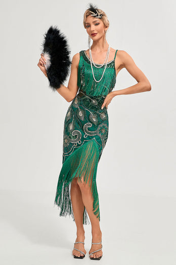 Glitrende mørkegrønn paljetter frynser Asymmetrisk 1920-talls Gatsby-kjole med tilbehørssett