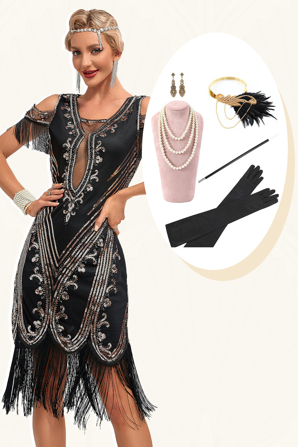 Glitter Black Sequins Fringes 1920-tallet Gatsby kjole med tilbehør sett