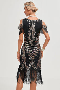 Glitter Black Sequins Fringes 1920-tallet Gatsby kjole med tilbehør sett