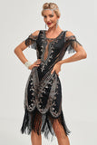 Glitter Black Sequins Fringes 1920-tallet Gatsby kjole med tilbehør sett