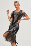 Glitter Black Sequins Fringes 1920-tallet Gatsby kjole med tilbehør sett