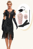 Glitter Black Cold Shoulder Sequins Fringes 1920-tallet Gatsby kjole med tilbehør Sett