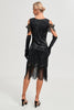 Load image into Gallery viewer, Glitter Black Cold Shoulder Sequins Fringes 1920-tallet Gatsby kjole med tilbehør Sett