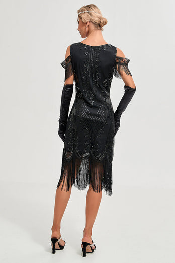 Glitter Black Cold Shoulder Sequins Fringes 1920-tallet Gatsby kjole med tilbehør Sett