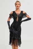 Glitter Black Cold Shoulder Sequins Fringes 1920-tallet Gatsby kjole med tilbehør Sett