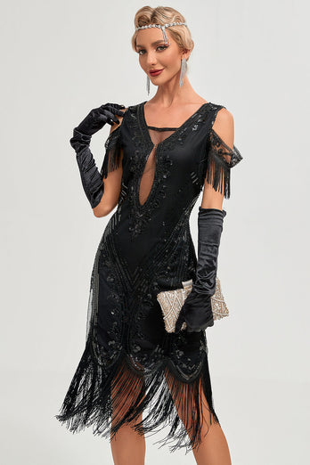 Glitter Black Cold Shoulder Sequins Fringes 1920-tallet Gatsby kjole med tilbehør Sett