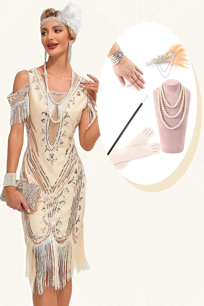 Load image into Gallery viewer, Glitter Champagne Kald skulder paljetter frynser 1920-tallet Gatsby kjole med tilbehør sett