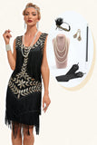 Glitter Black Sequins Fringed 1920 -tallet Gatsby kjole med tilbehør sett