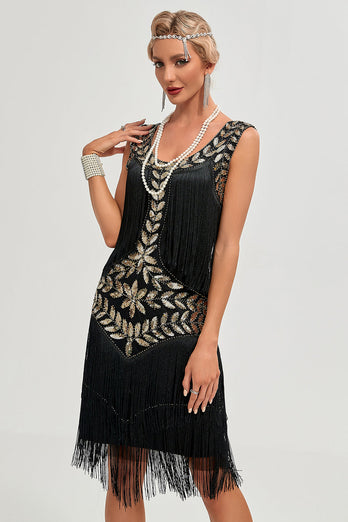 Glitter Black Sequins Fringed 1920 -tallet Gatsby kjole med tilbehør sett