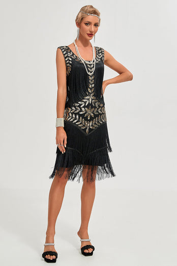 Glitter Black Sequins Fringed 1920 -tallet Gatsby kjole med tilbehør sett