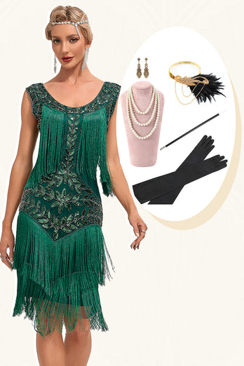 Mørkegrønne paljetter frynser Flott Gatsby-kjole med tilbehørssett