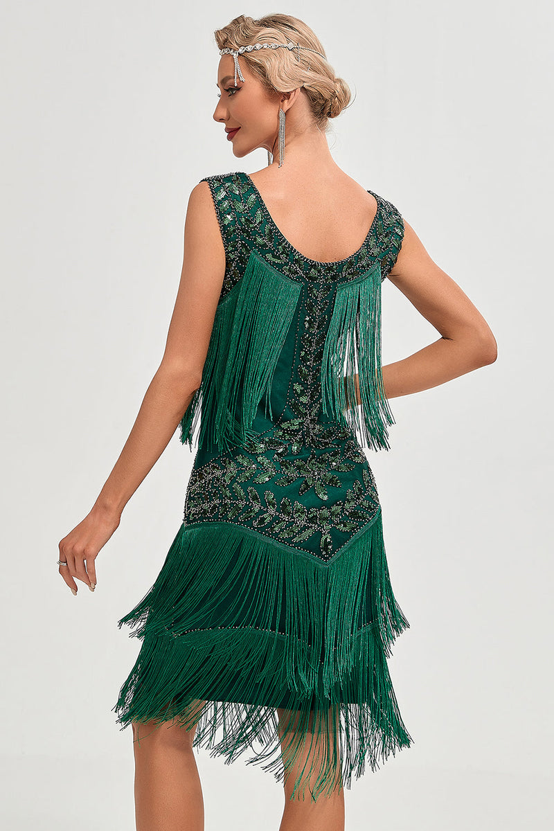 Load image into Gallery viewer, Mørkegrønne paljetter frynser Flott Gatsby-kjole med tilbehørssett