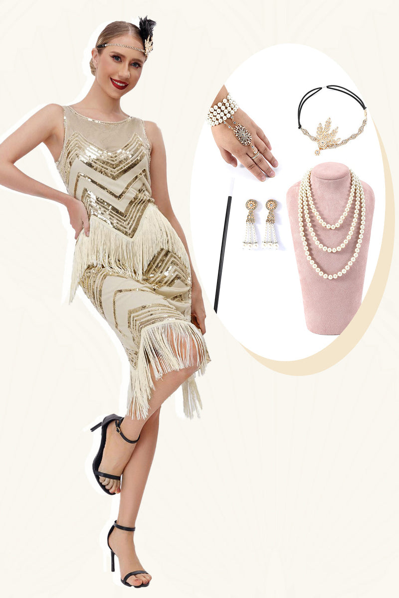 Load image into Gallery viewer, Champagne Glitter Fringes Gatsby kjole med tilbehør sett