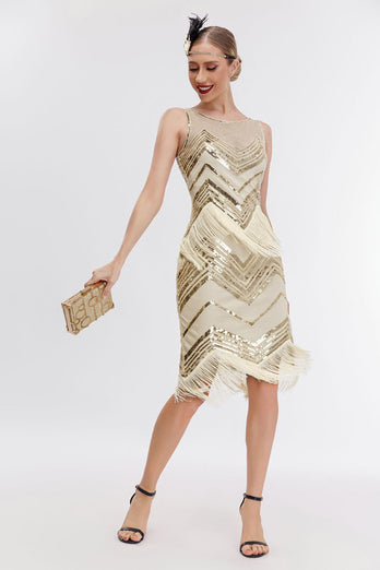Champagne Glitter Fringes Gatsby kjole med tilbehør sett