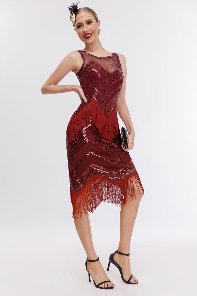 Load image into Gallery viewer, Frynser rød glitrende kjole fra 1920-tallet med tilbehørssett