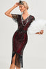 Load image into Gallery viewer, Sparkly Fringes Burgund 1920-tallet kjole med tilbehør sett
