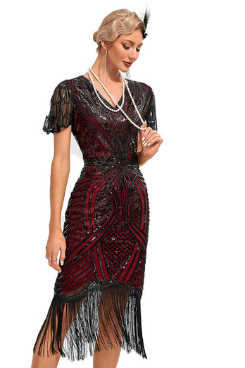 Sparkly Fringes Burgund 1920-tallet kjole med tilbehør sett