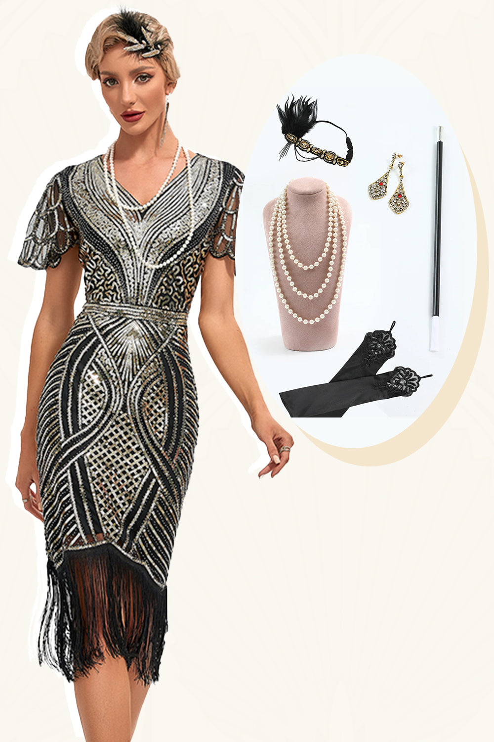 Svart Golden Glitter Fringes 1920-tallet kjole med tilbehør sett