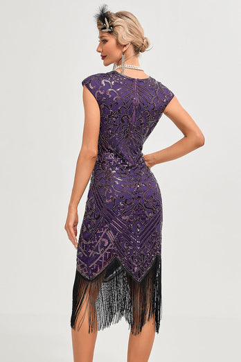 Frynser Dark Purple Beading 1920-tallet kjole med tilbehør sett