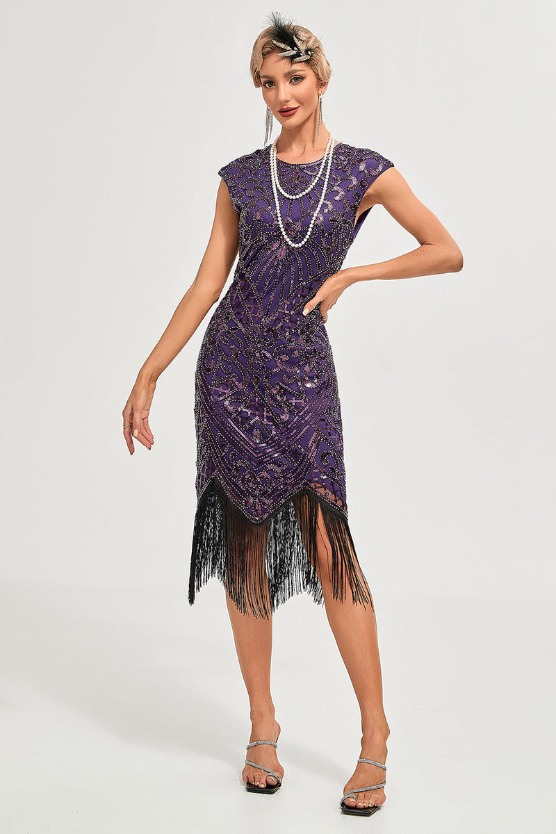 Load image into Gallery viewer, Frynser Dark Purple Beading 1920-tallet kjole med tilbehør sett