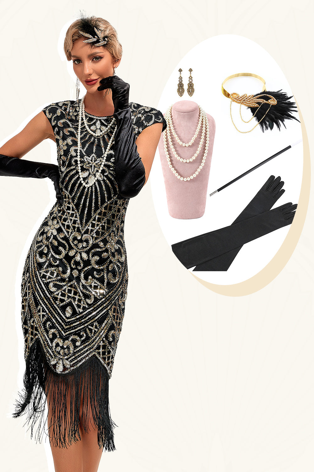 Sparkly Fringes Black Golden Flapper Dress med tilbehør sett