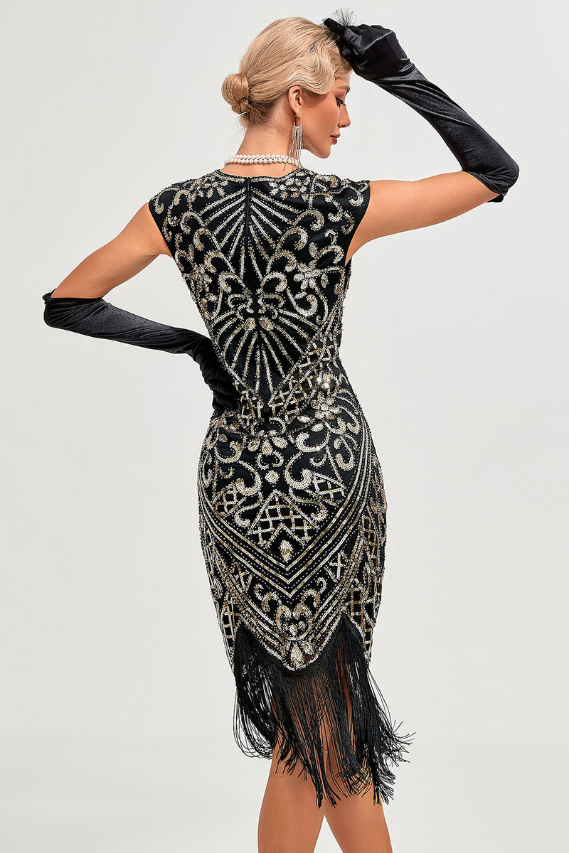 Load image into Gallery viewer, Sparkly Fringes Black Golden Flapper Dress med tilbehør sett