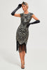 Load image into Gallery viewer, Sparkly Fringes Black Golden Flapper Dress med tilbehør sett
