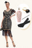Load image into Gallery viewer, Svart Golden Cold Shoulder Fringe 1920-tallet Gatsby kjole med 20s tilbehør sett