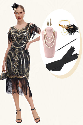 Svart Golden Cold Shoulder Fringe 1920-tallet Gatsby kjole med 20s tilbehør sett