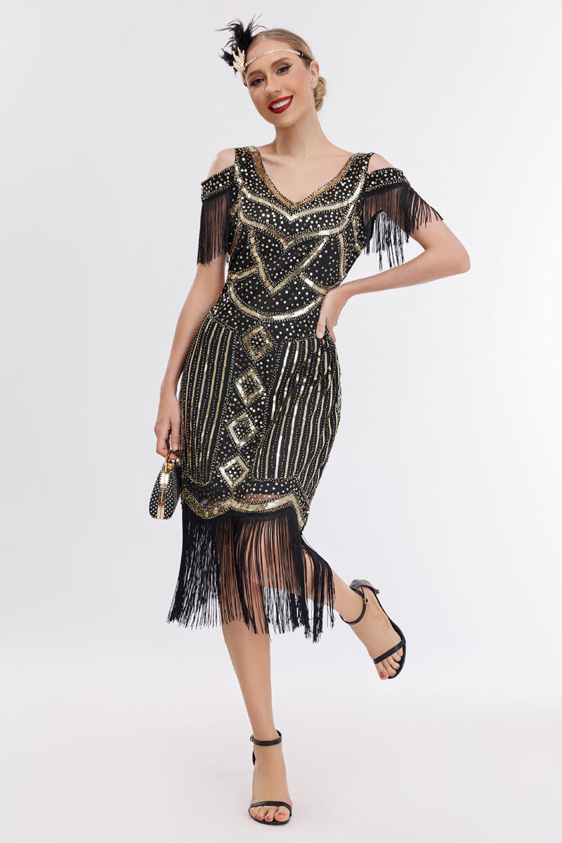 Load image into Gallery viewer, Svart Golden Cold Shoulder Fringe 1920-tallet Gatsby kjole med 20s tilbehør sett