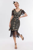 Svart Golden Cold Shoulder Fringe 1920-tallet Gatsby kjole med 20s tilbehør sett