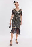 Svart Golden Cold Shoulder Fringe 1920-tallet Gatsby kjole med 20s tilbehør sett