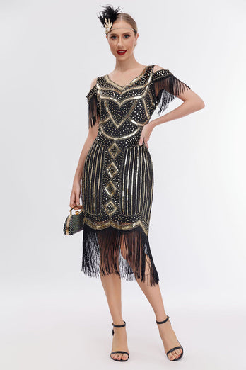 Svart Golden Cold Shoulder Fringe 1920-tallet Gatsby kjole med 20s tilbehør sett