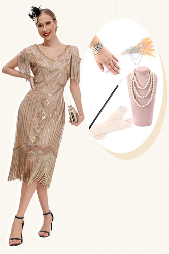 Champagne Cold Shoulder Fringes 1920-tallet Gatsby kjole med 20s tilbehør sett