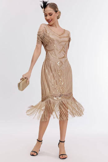 Champagne Cold Shoulder Fringes 1920-tallet Gatsby kjole med 20s tilbehør sett