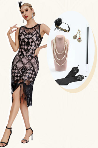 Sparkly Black Blush Fringed Gatsby-kjole fra 1920-tallet med tilbehørssett fra 20-tallet