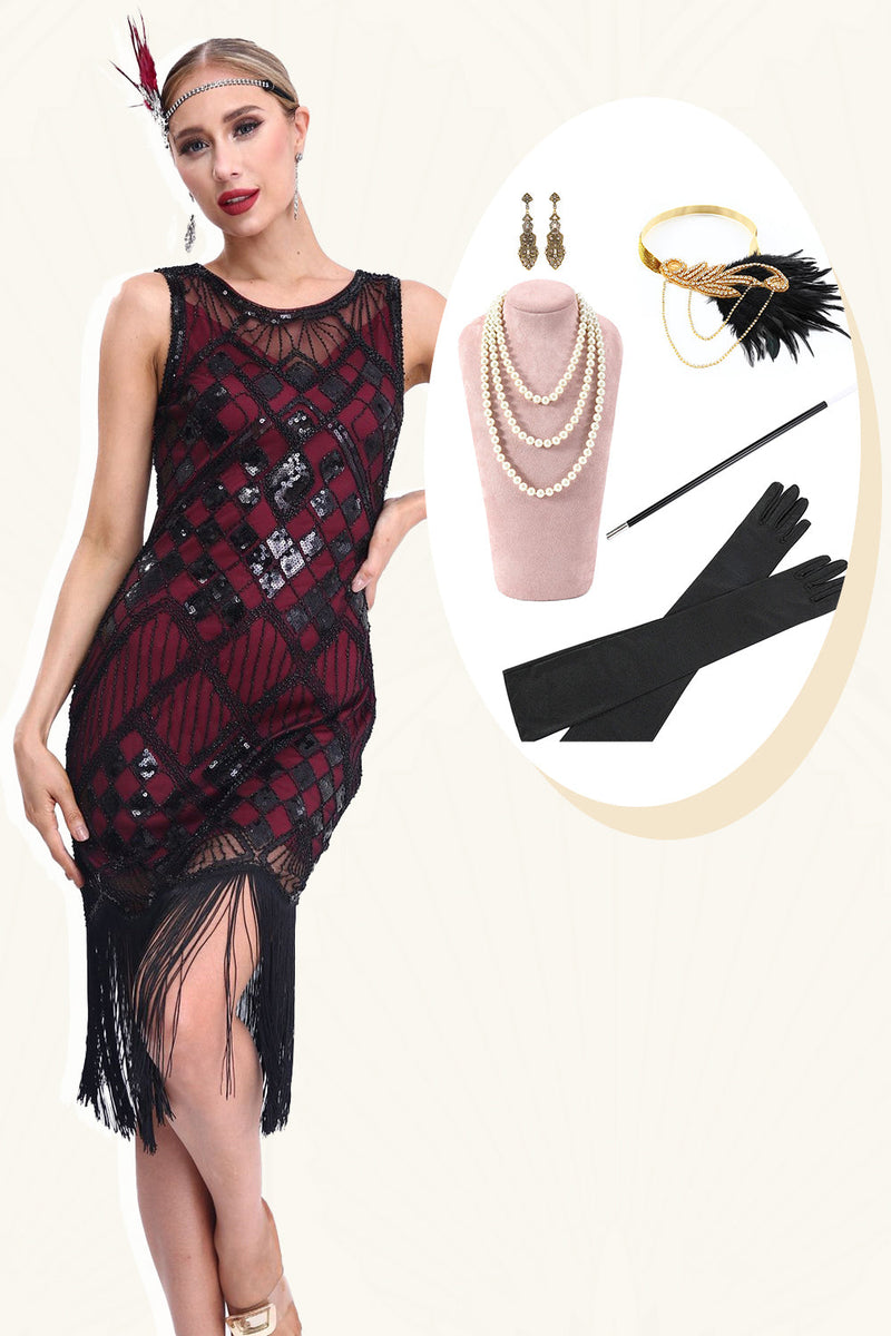 Load image into Gallery viewer, Sparkly Black Red Fringed 1920 -tallet Gatsby kjole med 20s tilbehør sett