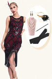Sparkly Black Red Fringed 1920 -tallet Gatsby kjole med 20s tilbehør sett