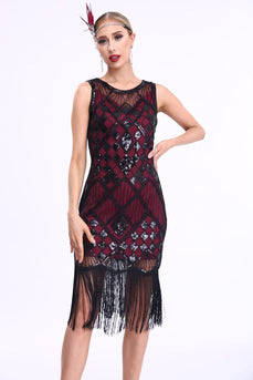 Sparkly Black Red Fringed 1920 -tallet Gatsby kjole med 20s tilbehør sett