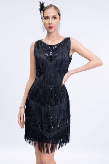 Black Fringed 1920 -tallet Gatsby kjole med paljetter med 20s tilbehør sett