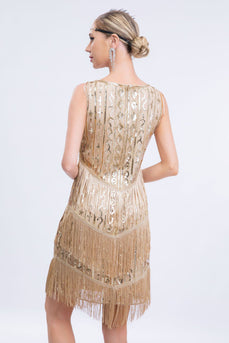 Aprikos frynset 1920-tallet Gatsby kjole med paljetter med 20s tilbehør sett
