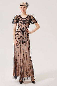 Black Blush paljetter lang kjole fra 1920-tallet med 20-talls tilbehørssett