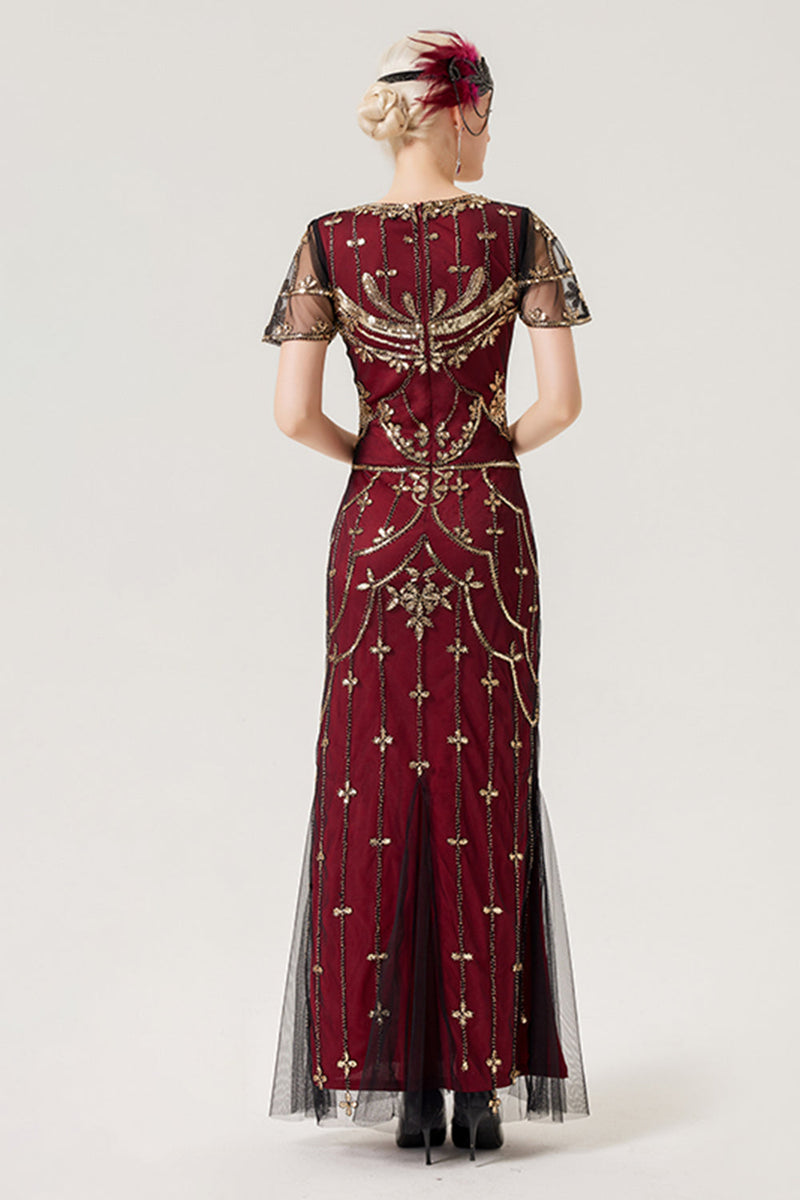 Load image into Gallery viewer, Burgund paljetter lang kjole fra 1920-tallet med tilbehør fra 20-tallet
