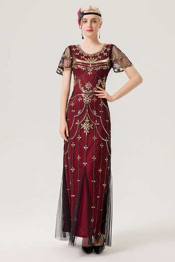 Burgund paljetter lang kjole fra 1920-tallet med tilbehør fra 20-tallet