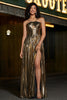 Load image into Gallery viewer, Golden A-Line Spaghetti stropper Plissert Sparkly Prom kjole med tilbehør sett